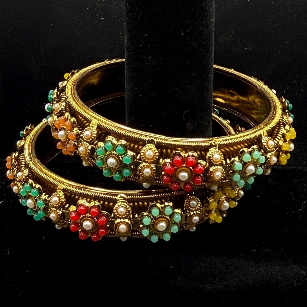 Vintage Gold Tone Floral Bangle Bracelets Set Multi Color Faux Pearl Boho 2pc